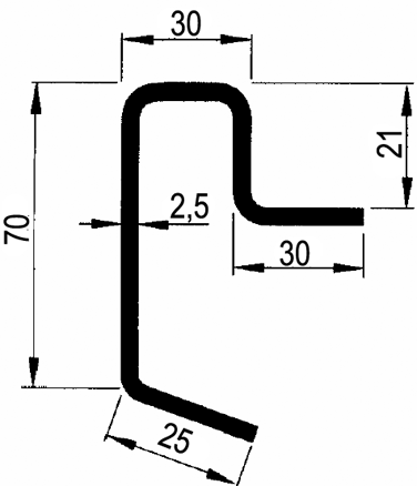 Výška profilu H = 70 mm
Tloušťka podlahy B = 21 mm
Tloušťka materiálu C = 2,5 mm
Délka profilu L = 6300 mm
